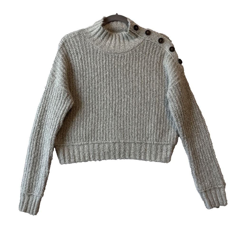 Wool Blend Gray Cropped Sweater Mock Button Shoulder Ribbed S Academia Chic
